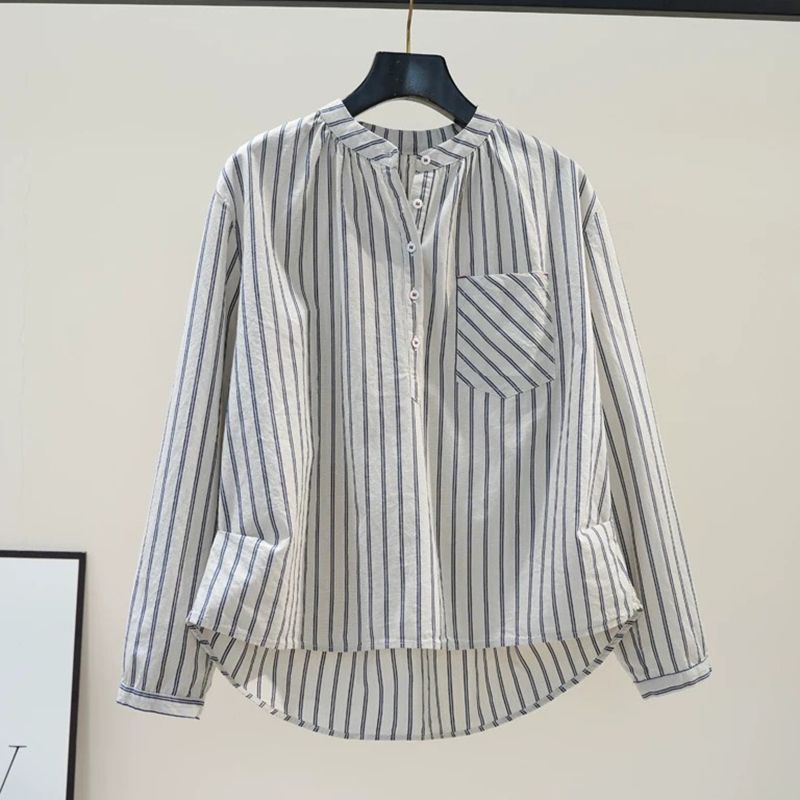

Waist Ruched Stripes round Neck Early Autumn Long Sleeves Shirt Tibetan Green Strip 500 pieces from 49 yuan