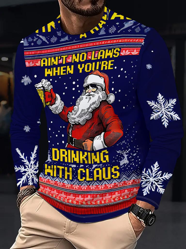 Men's Christmas-themed printed long-sleeved T-shirt, stylish and casual crew neck undershirt, suitable for holiday parties.