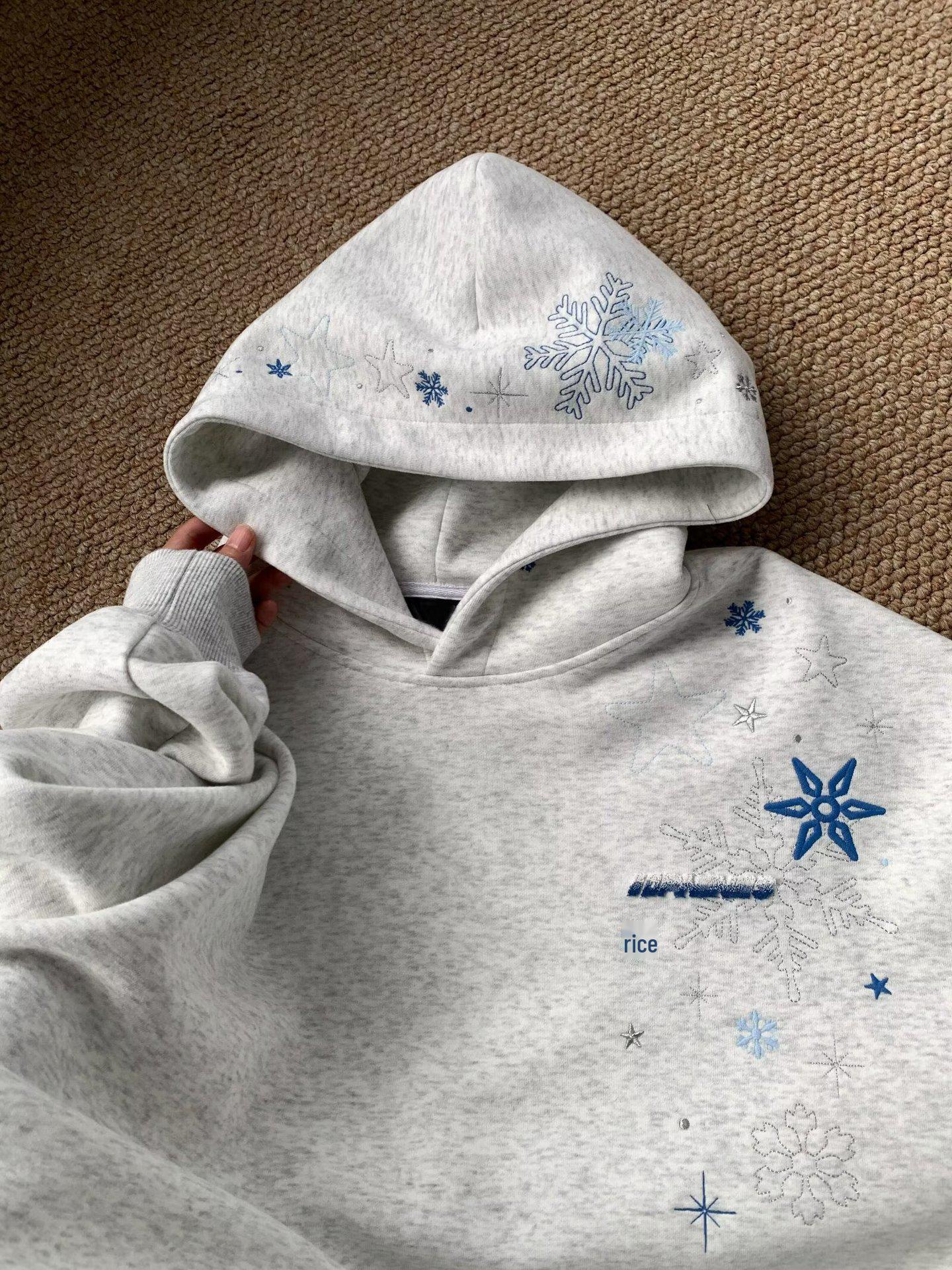 Men s Autumn/Winter Snowflake Embroidery Hooded Sweatshirt - Stylish Street Trend Design with Star Accents & Velvet Lining XXL