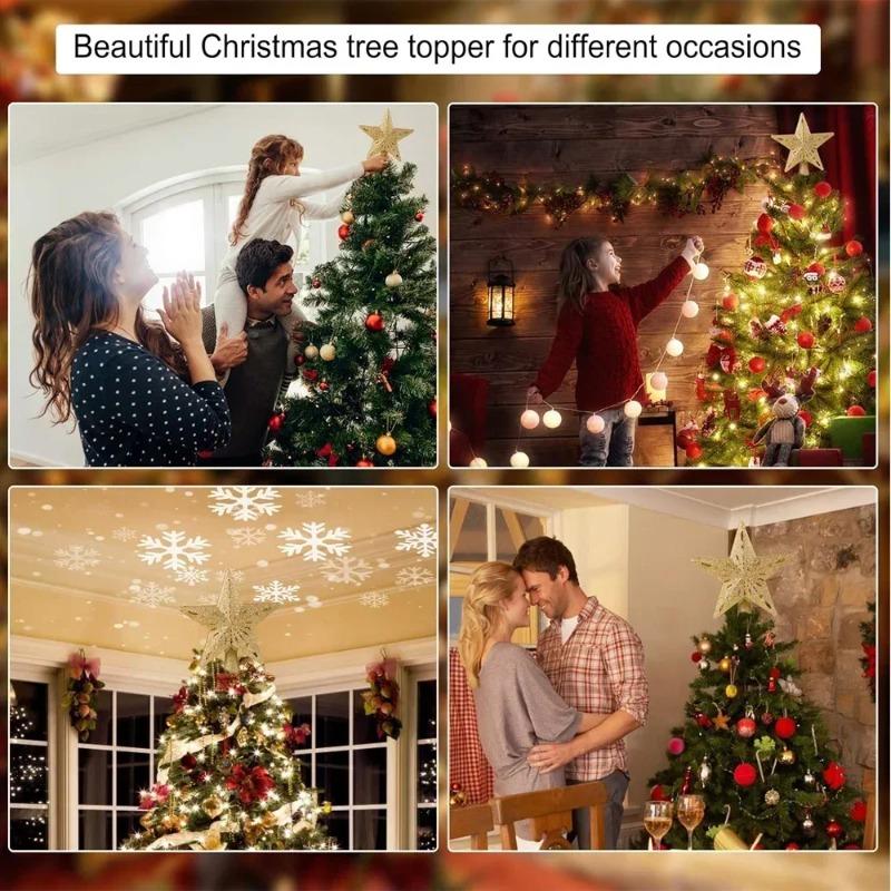 Christmas Tree Topper Decor 3D Glitter Star LED Rotating Snowflake Projector Christmas Tree Ornaments Holiday Party Hanging Lamp