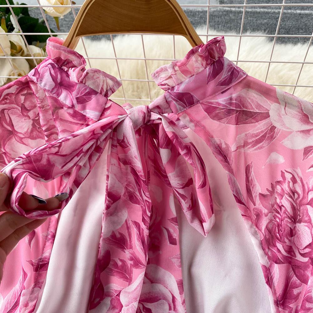 Women's Spring Summer Bohemian Beach Dress Backless Puff Sleeve Flower Print Party Midi Dresses