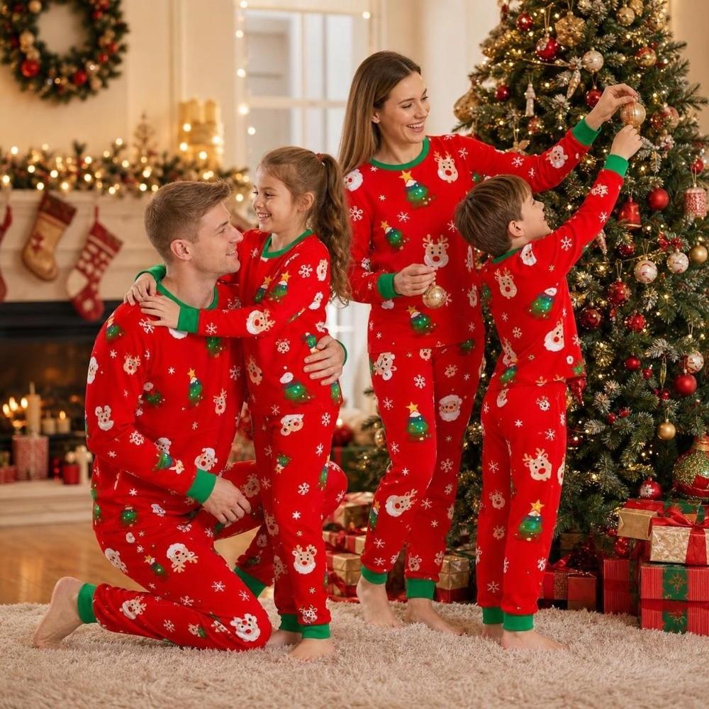 Long Sleeve Family Matching Pyjamas Printed Top+Pants Red Couple Christmas Outfit Adult Kids