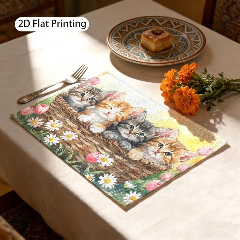 Cute Kitten Daisy Tulip Flower Heat Resistant Washable Table Placemats Kitchen Dining Home Decor 4 Piece Set