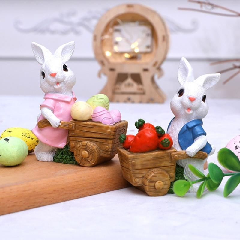 2Pcs Easters Bunnies Sculptures Resins Animal Ornaments Rabbit with Cart Figurines for Balconies Patios or Home Decors