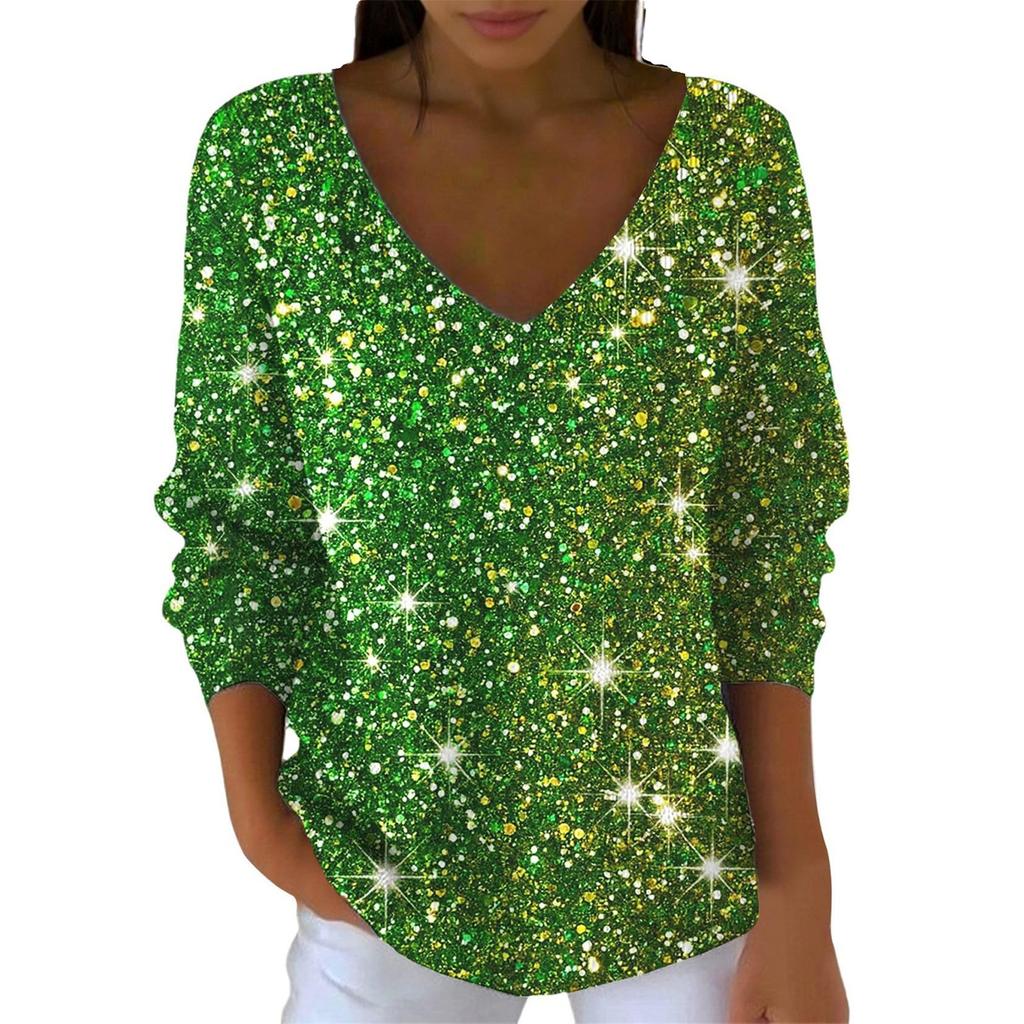 Women's Casual Daily Long-Sleeved V-Neck Faux Sweater Knitted Pullover Top With Sequins