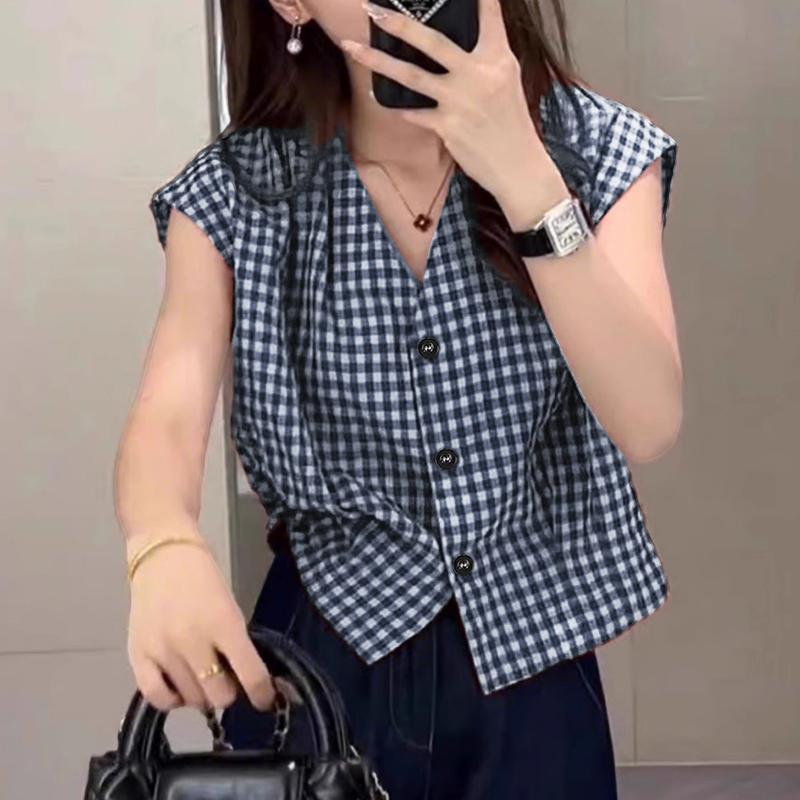 

ZANZEA Женская повседневная блузка без рукавов с V-образным вырезом и свободным кроем, в клетку 4XL синий