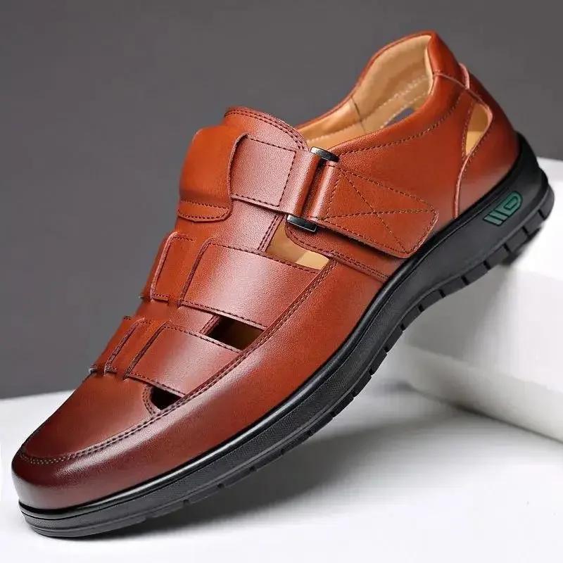 Fashion Genuine Leather Men Shoes Summer Shoes Hollow Out Breathable Sandals Non-slip Flats Soft Bottom Handmade Tide Design Footwear