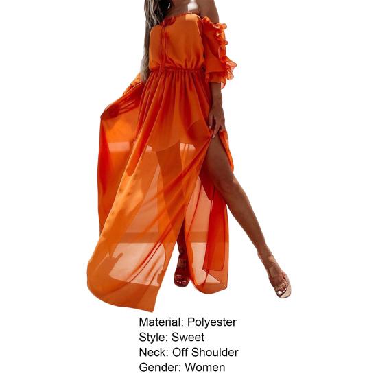 Strandkleid Perspektive Doppellagig Dreiviertelärmel Schulterfrei Durchsichtiges Mesh Maxi