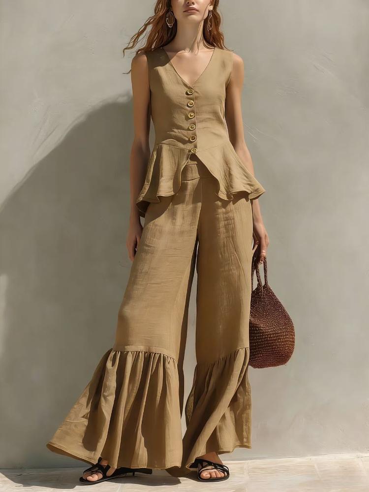 Women V Neck Sleeveless Top with Wide Leg Pants Ruffle Hem Tie Waist