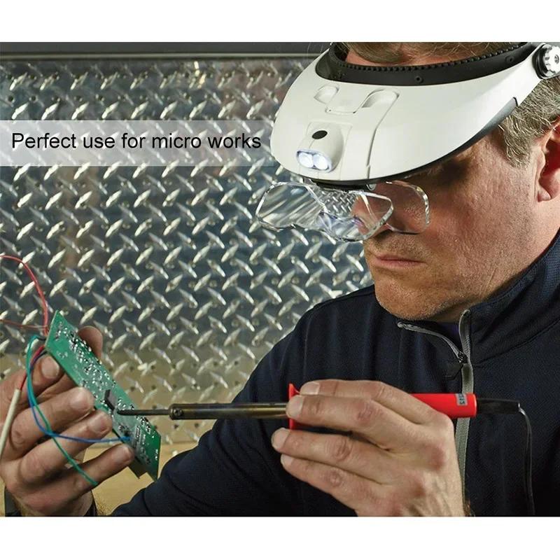 Huvudbandsförstoringsglas med LED-ljus Avtagbar Pannlampa Förstoringsglas för Lödning Med 5 Utbytbara Linser