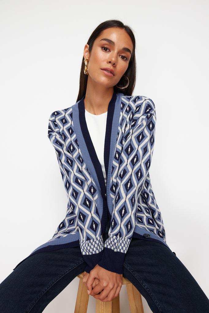 Women's Fashion New Hijab Cardigan Navy Blue Jacquard Button Detailed Knitwear Cardigan