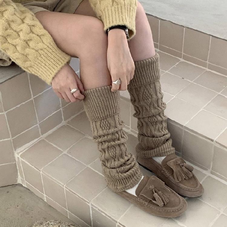 Korean Turn Cuff Leg Warmers for Women Cable Knit Stretchy Footless Socks Students Solid Color Boot Covers Streetwear