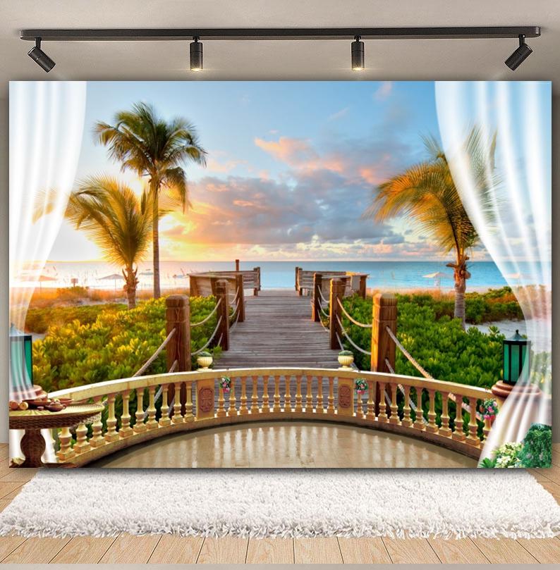 Tropischer Strand Hintergrund für Fotografie Sommer Hawaii Blaues Ozeanwasser Meeresufer Palme Kinder Feiertagsparty Foto Hintergrund Dekoration