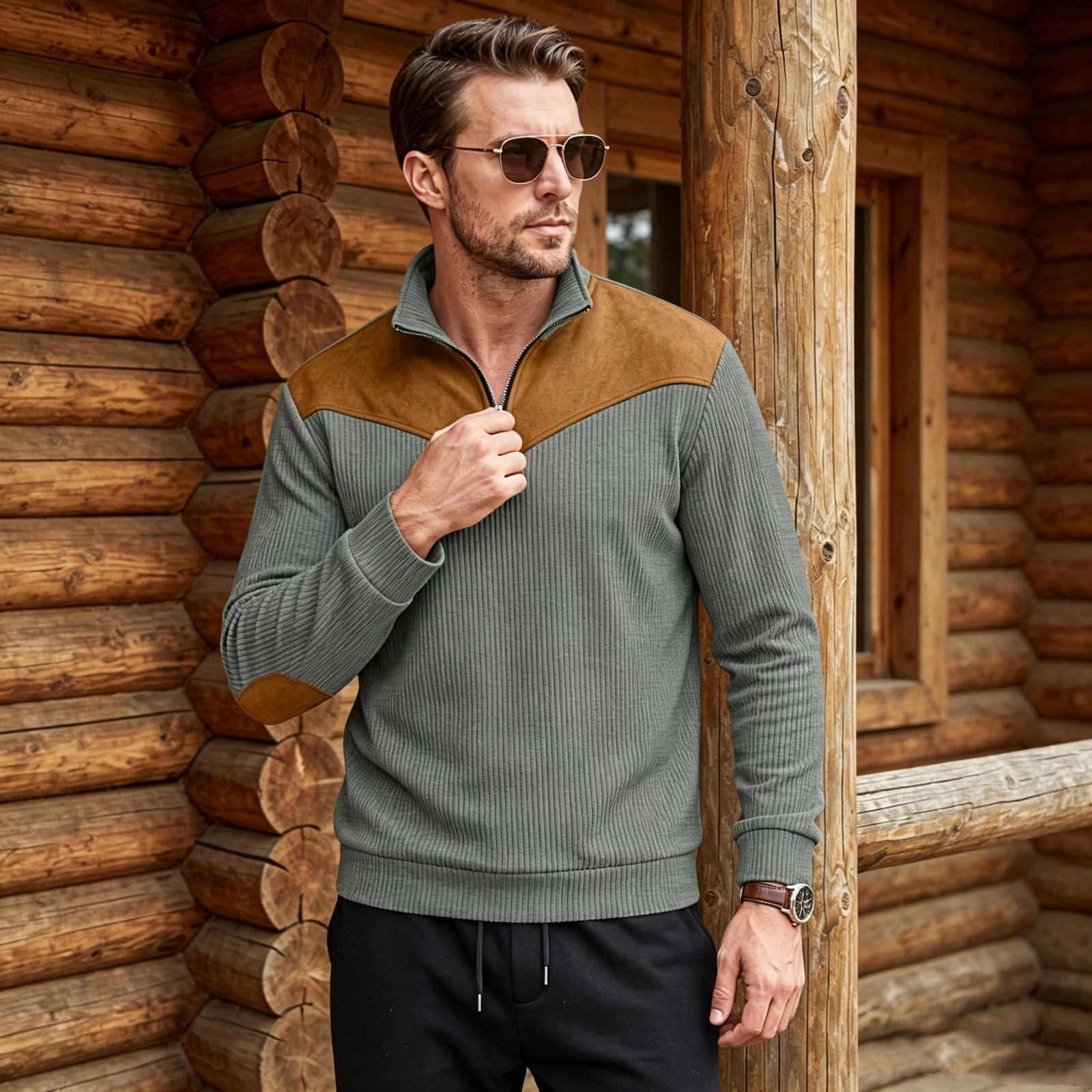 Men s Retro Half Zip Stand Collar Sweatshirt with Patchwork Long Sleeve XXL
