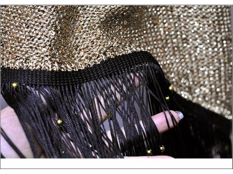 2019 Korean Style Sequin Tassel Spaghetti Strap Vest - Gold Thread Sleeveless Knitted Top for Women