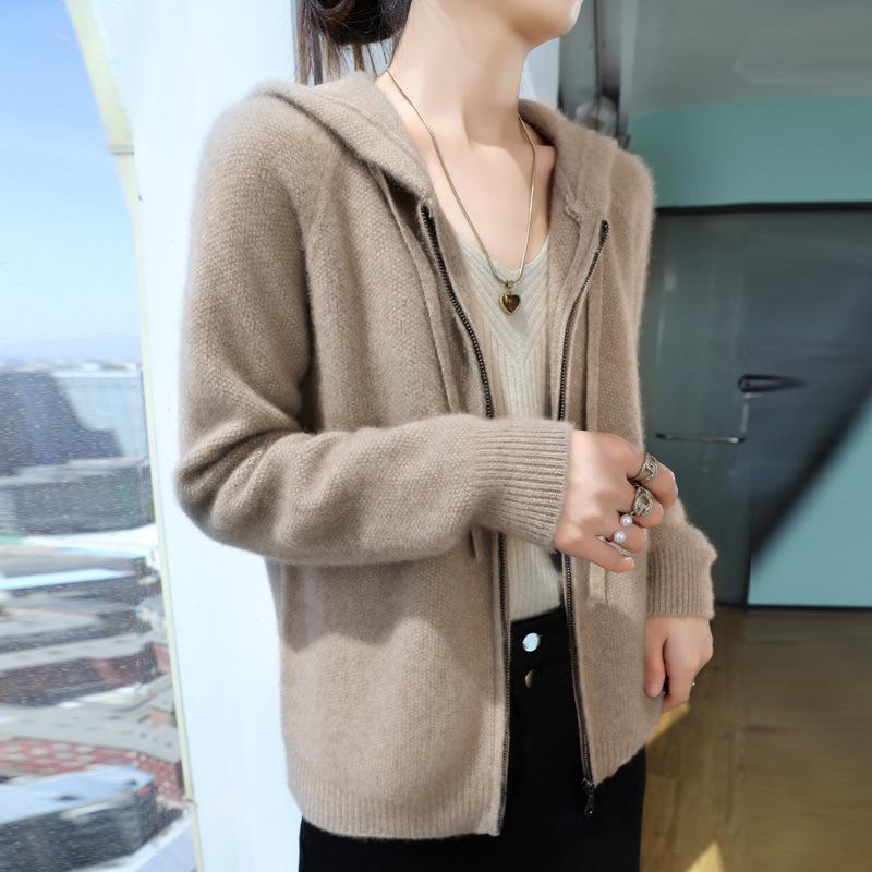 Women's Hooded Wool Knit Cardigan - Autumn & Winter Loose Fit Zipper Sweater Fashion Jacket