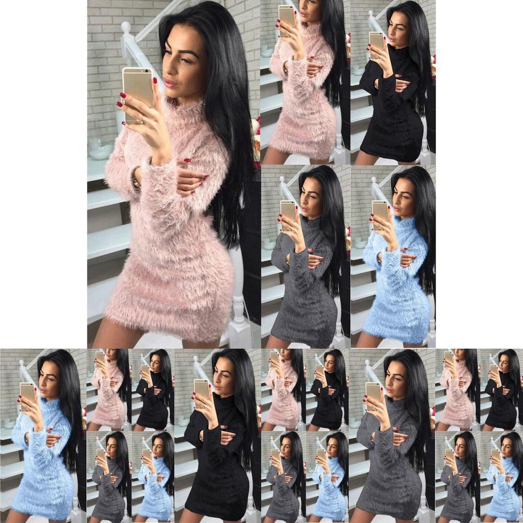 Women Long Winter Sleeve Fluffy Sweater Tops Ladies Party Bodycon Dress Jumper