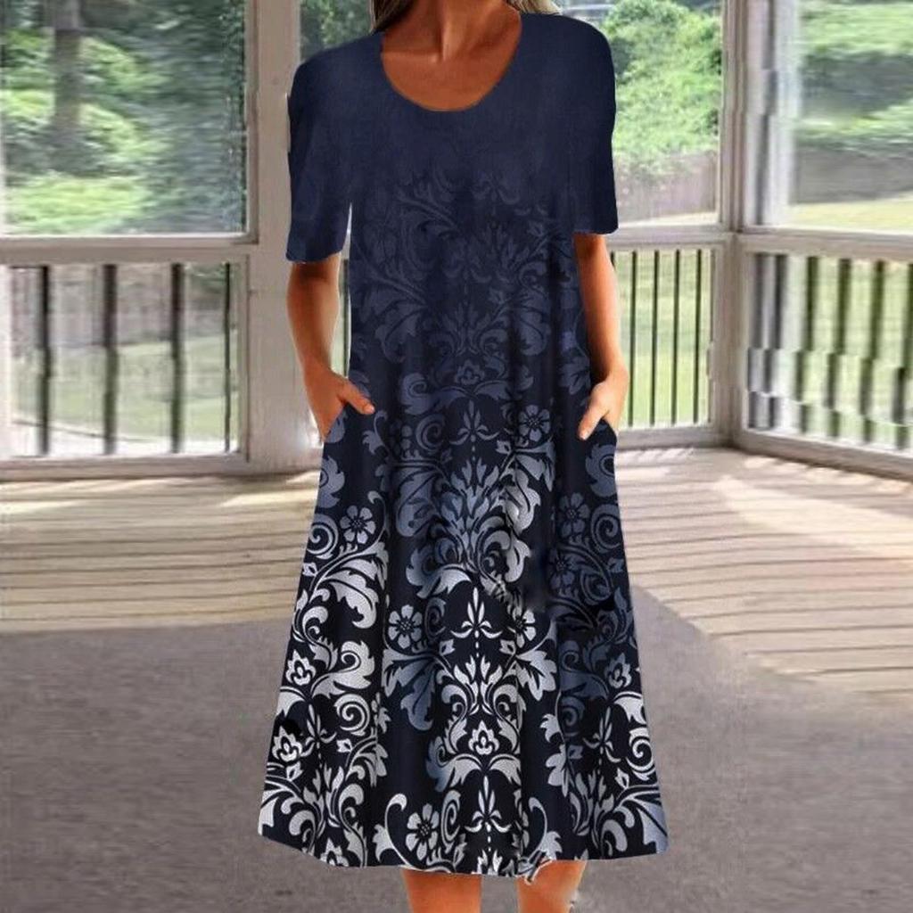Women's Retro Printed Skirt Short Sleeve Skirt Round Neck Dress Summer Dress
