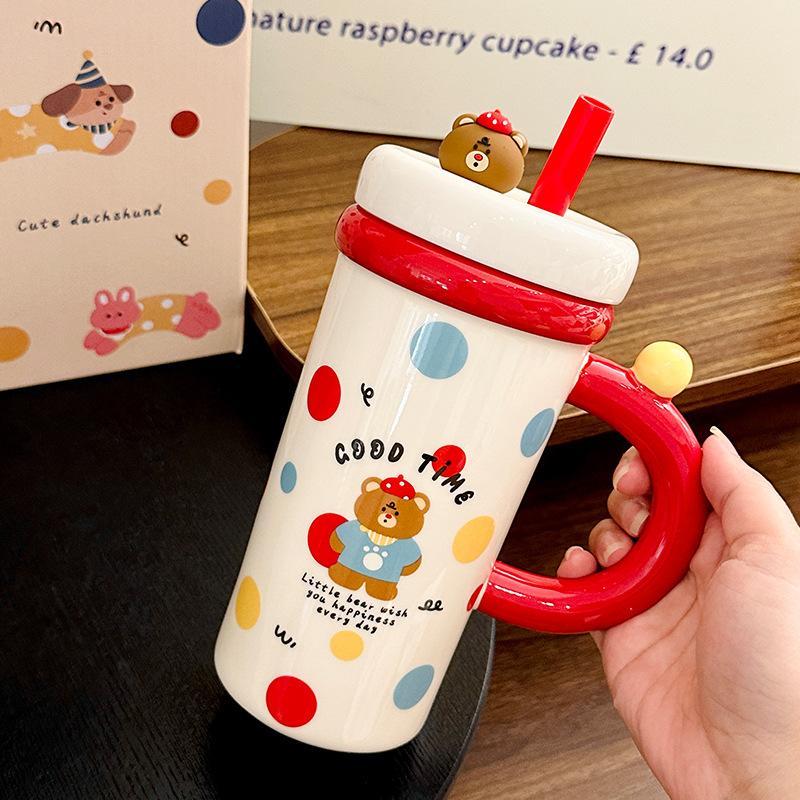 Cartoon Straw Cup Large Capacity Ceramic Drinking Cup with Lid Cute Animal Breakfast Milk Cup Souvenir