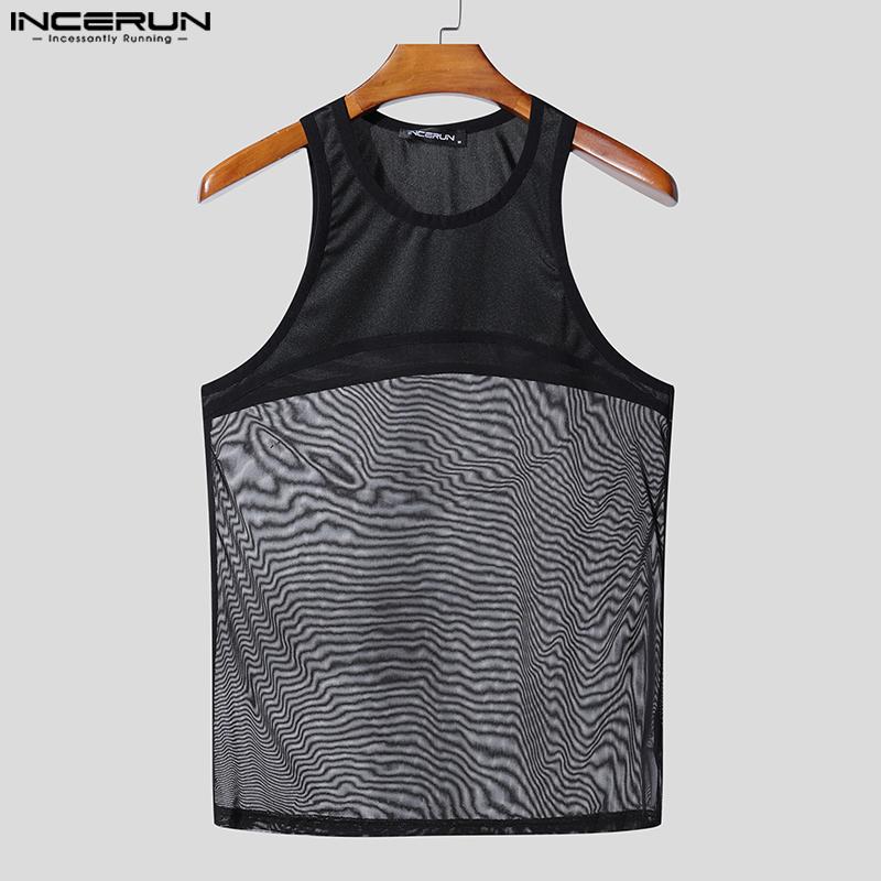 INCERUN Men Sleeveless Mesh Sheer Patchwork Fitted Party Club Tank Tops