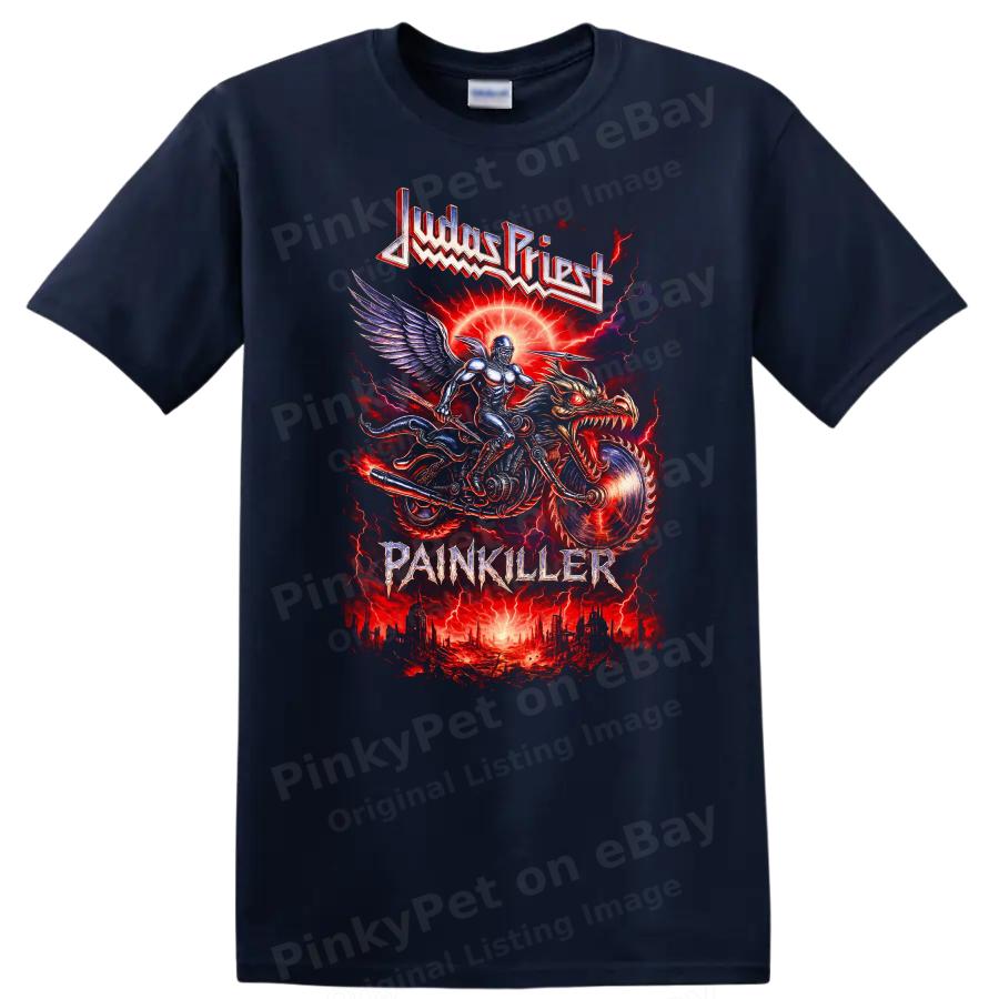 T-shirt Heavy Metal Painkiller Grafica Rock Retrò Opera d'Arte Motociclistica