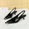 Fashion 2025 Fashion Banquet Thin Heel Shallow Mouth Women's Shoes Patent Leather Glossy Metal Head Rear Strap Thin Single Shoes Women