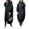 Long glossy down cotton-padded jacket, new large size loose over the knee, black cotton-padded jacket, women's winter clothing
