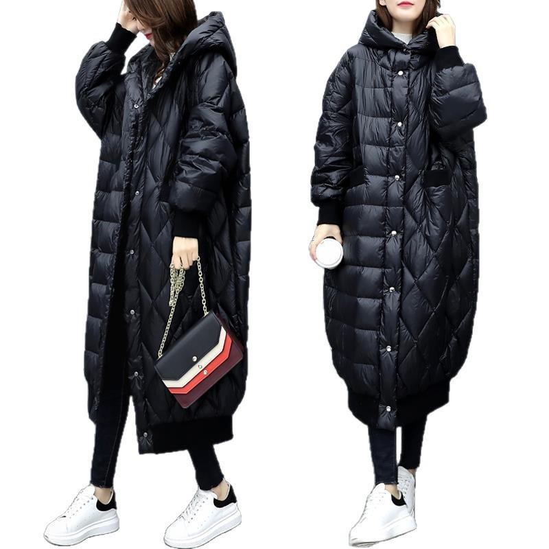 Long glossy down cotton-padded jacket, new large size loose over the knee, black cotton-padded jacket, women's winter clothing
