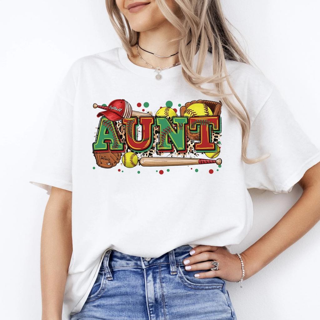 Softball Aunt T-Shirt Softball Player Cheer Team Auntie Unisex Tee Sand White Sp