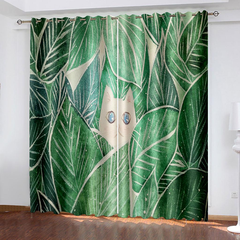 Tropical Leaf Printing Woven Curtains Two Separate Curtains on The Left and Right of The Bedroom  Blackout Curtains
