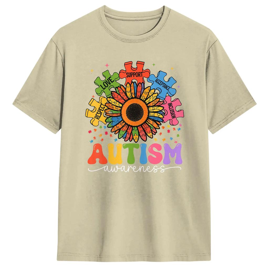 Sunflower Puzzle Respect Love Support Autism T Shirt For Couple Summer T Shirts O Neck Fashion Tees Plus Size Wholesale Clothing