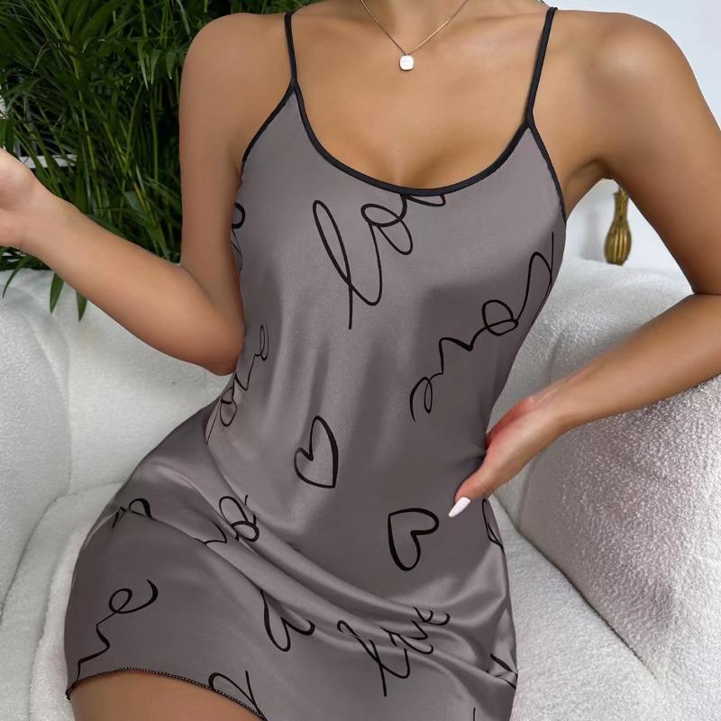 Heart Print Nightdress Elegant Scoop Neck Criss Cross Back Sleep Dress Women's Sleepwear
