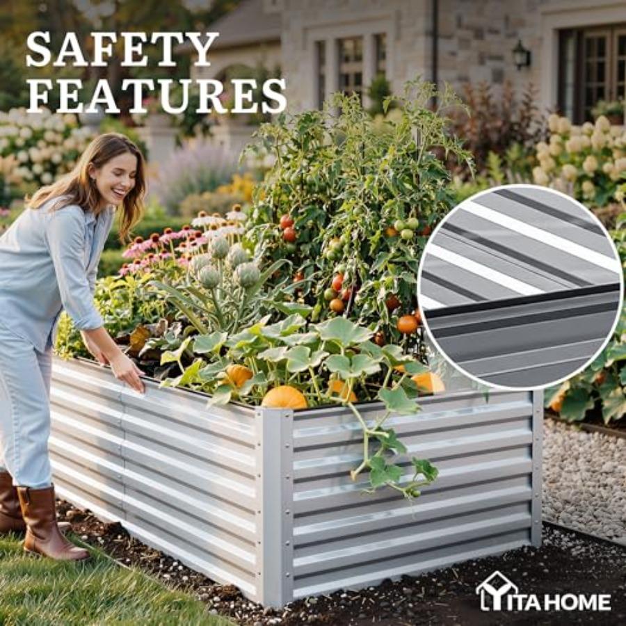 8x4x2ft Large Raised Garden Bed Kit Galvanized Metal Planter Box with Gloves Ground Nails Support Rod Safety Rubber Outdoor Abo