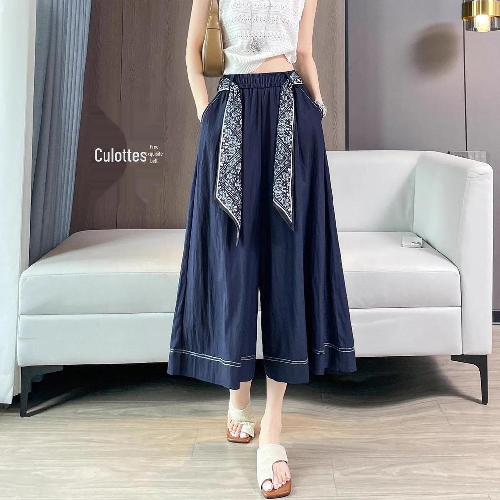 Dark Blue Ice Silk High-Waisted Skirt Shorts for Women with Free Belt - Summer 2026, Lazy Style, Slimming, Seven-Point Length
