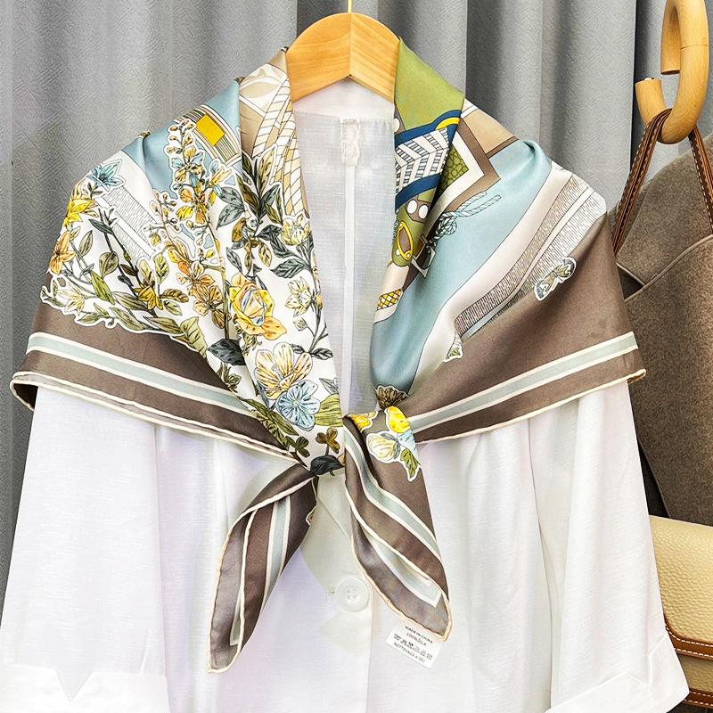 Large Square Scarf Printed Silk Scarf Women'S Spring And Autumn Shawl Yarn Flower Leaf Headscarf Twill Silk Scarf Headscarf