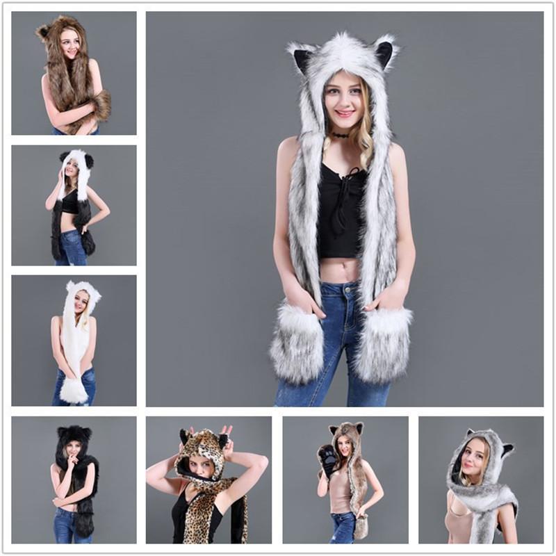 Lamaxpa Fashion Animal Women Scarf, Hat & Glove Sets 1Pcs Faux Fur Winter Warm Shawls And Wraps Hooded Fluffy Plush Dropshipping