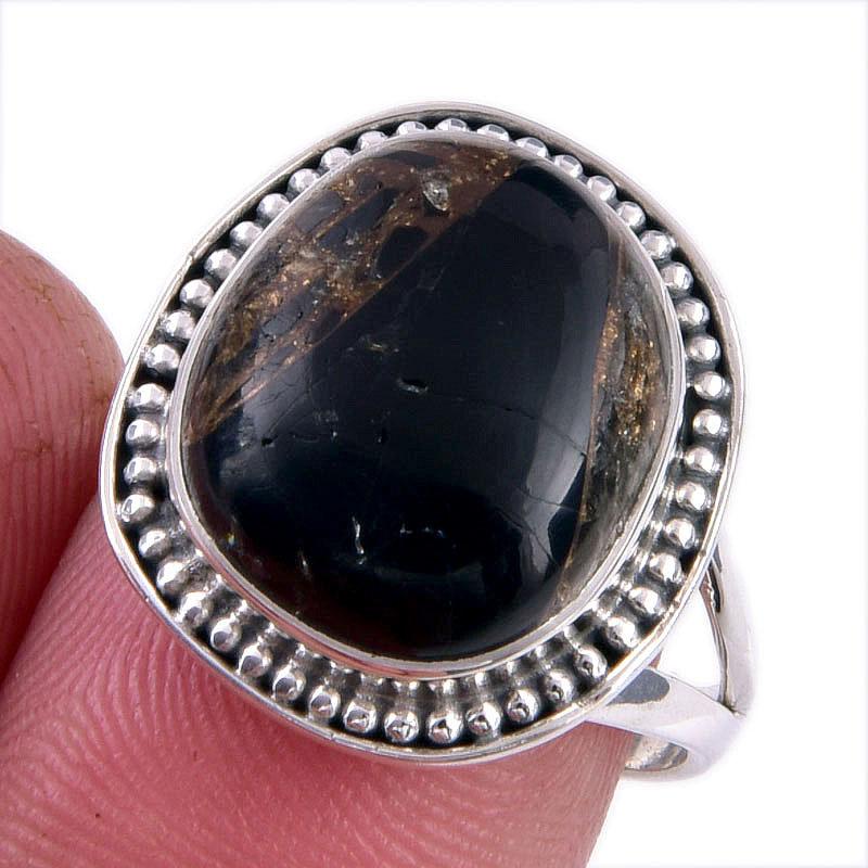 Natural Black Copper Turquoise Gemstone 925 Solid Sterling Silver Ring S.8 d5V13