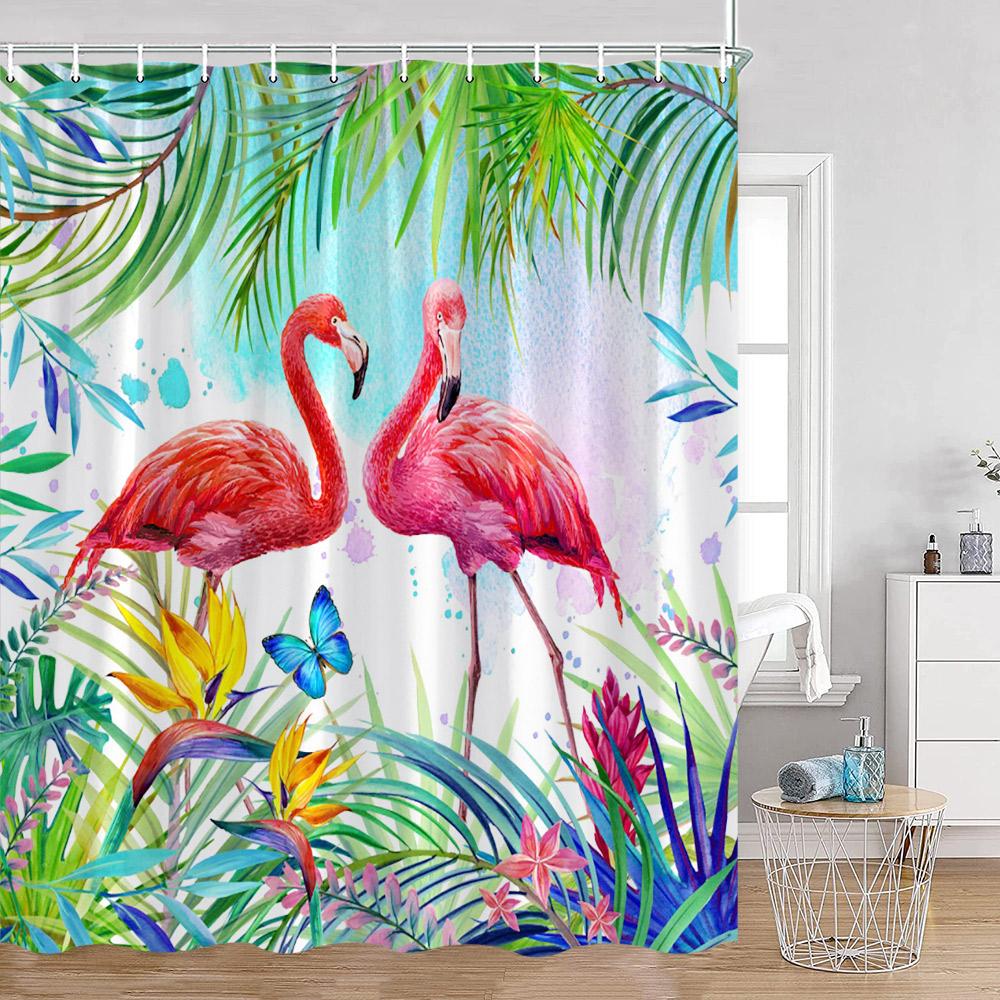 Flamingos Shower Curtains Tropical Leaves Pink Birds Green Plants Bathroom Curtain Polyester Fabric Home Decorations with Hooks