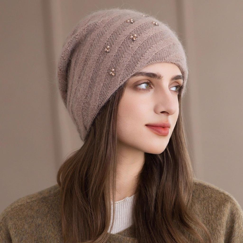 Women S Double Layer Knit Hat Warm Winter Beanie Pearl Glitter Rabbit Hair Blend