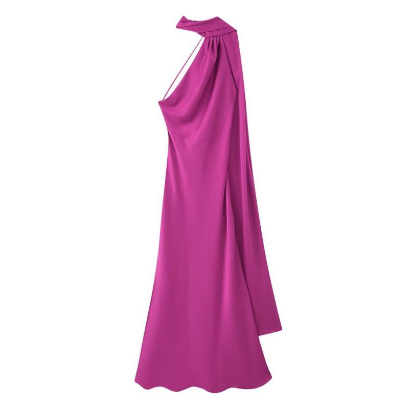 Elegant Off-Shoulder Backless Wrap Tie Neckline Maxi Dress Women 2025 Slim Fit High Waist TR Fabric