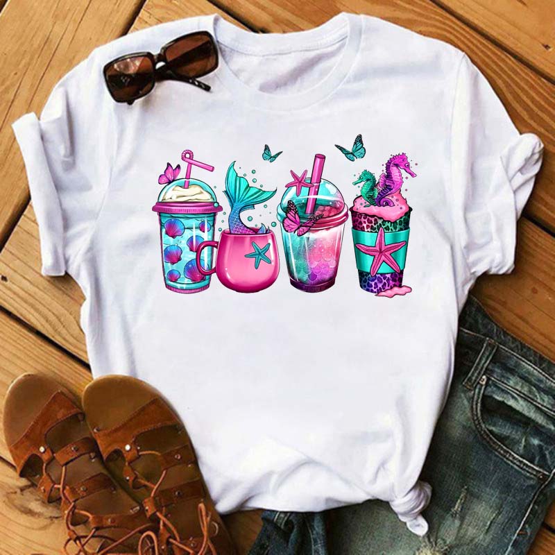 Maycaur Fashion Watermelon Coffee Printed Women T-shirts 90s Trend Cute Short Sleeve Women Female Graphic Tee Streetwear Clothes