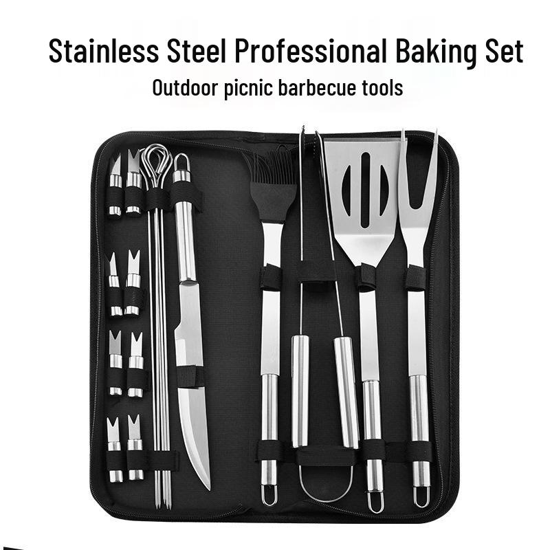 Portable Outdoor Stainless Steel BBQ Grilling Set with Fork, Spatula & Cloth Bag
