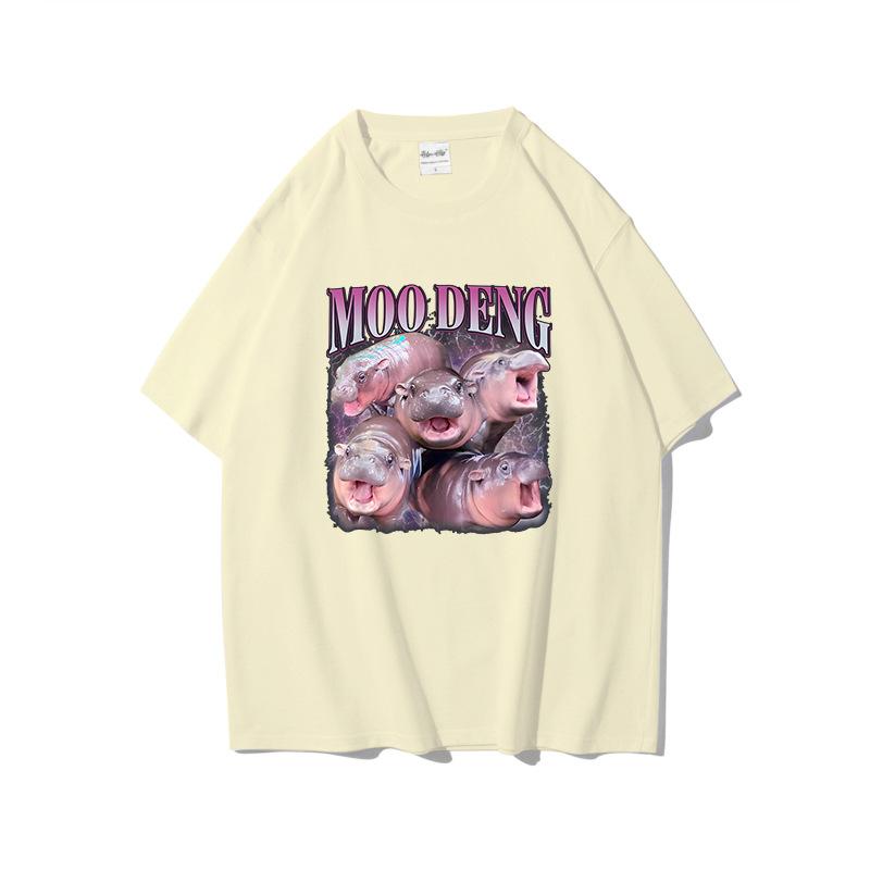 Fun Printed Moo Deng Bouncing Pig Casual T Shirts Trend Loose Cotton Short Sleeved Round Neck Top