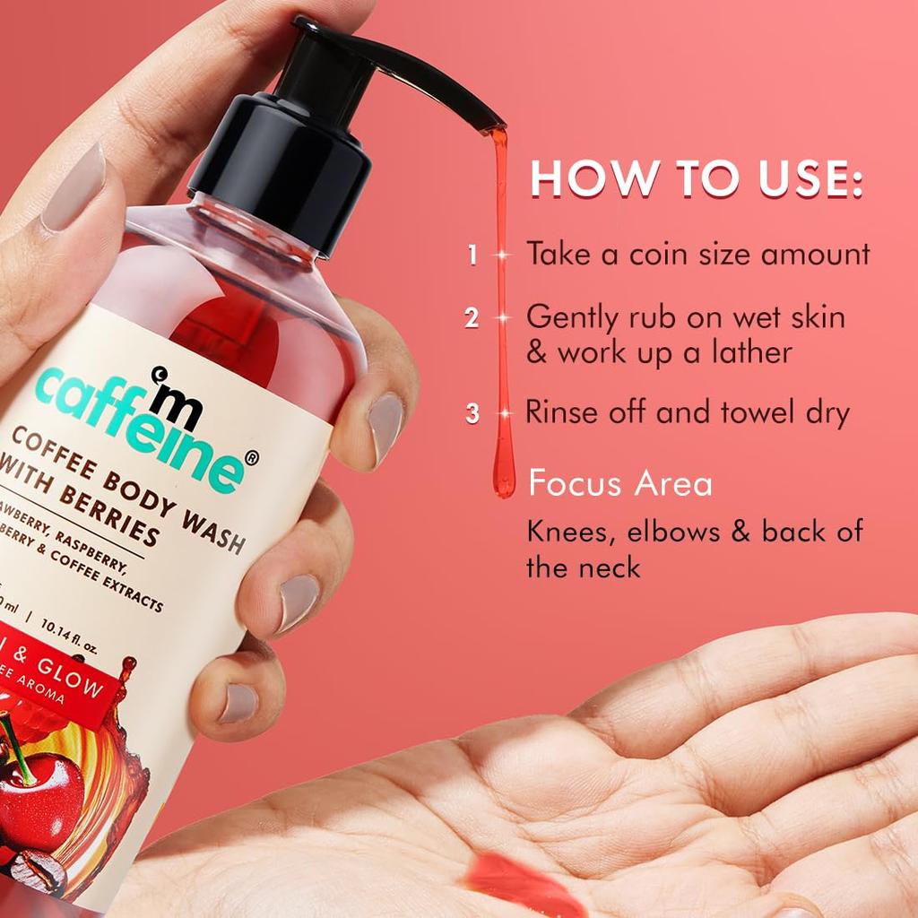 mCaffeine Coffee Body Wash With Berries 300 Ml Fruity Fragrance Shower Gel For Men Women Deep Cleansing Glow Skin Care