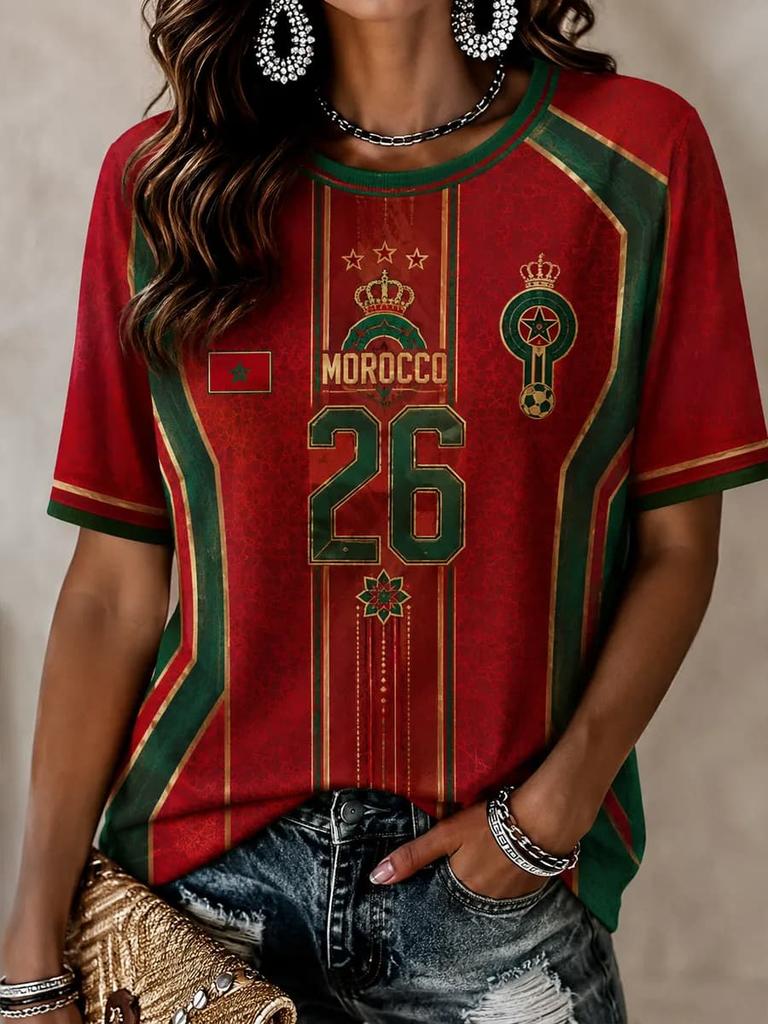2026 Nové tričko s vlajkou marockého národního týmu Dámské sportovní oblečení s výstřihem do V s erbem "MOROCCO" a tradičním lemováním Neformální topy Dres