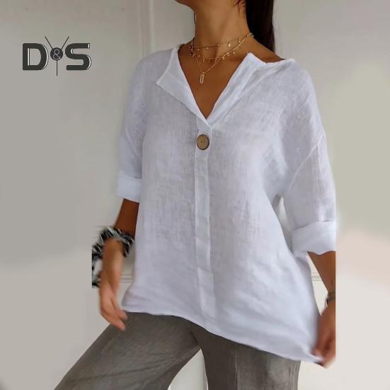 Women Shirt V-Neck Button Decor 3/4 Sleeve Pullover Tops Loose Fit Basic Neckline Solid Color Summer Shirt Tops
