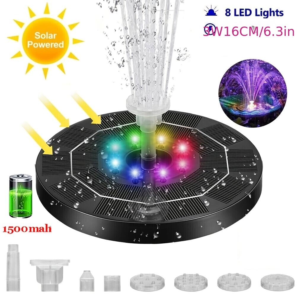 Pompa per Fontana Solare da 6,3 pollici, Pompa Acqua Fontana per Vasca Uccelli Solare da 3W Batteria Integrata 1500mAh, Fontana Solare LED con 6 Ugelli IPX8