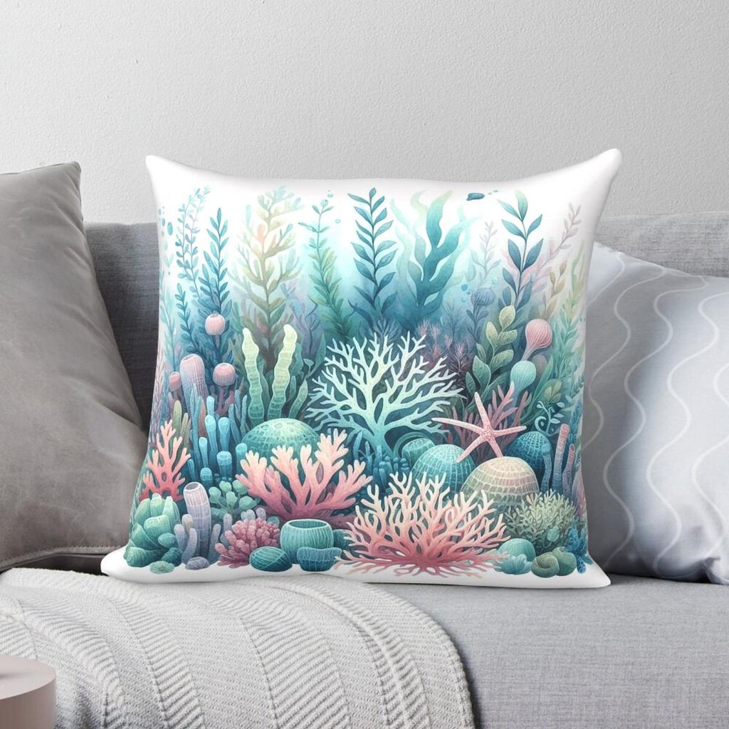 Seaweed Coral Reef Beach Coastal Square Pillowcase Polyester Linen Velvet Pattern Zip Decorative Pillow Case Home Cushion Cover
