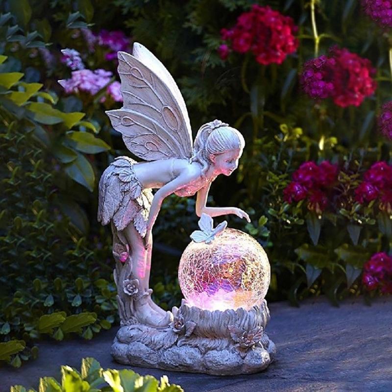 Angel Garden Figurine Outdoor Garden Statue Fairy Garden Figurine with LED Solar Light for Garden Lawn Yard Decoration