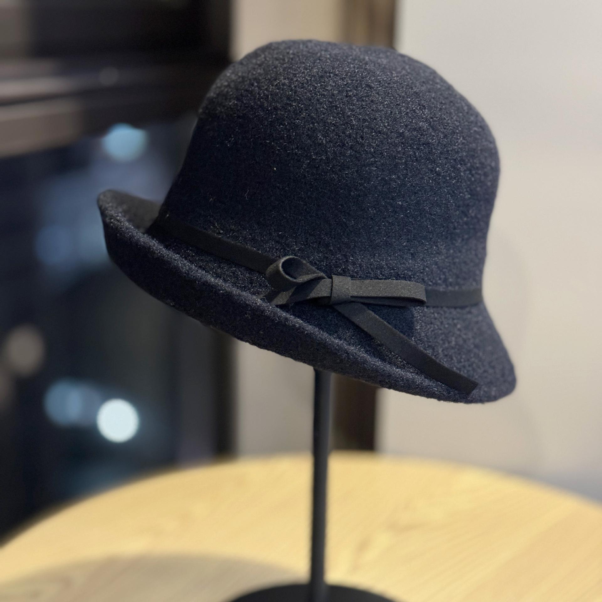 

Bowknot bucket hat, woolen hat, autumn and winter fashion versatile fisherman hat, vintage top-hat, round-top hat that makes the face look smaller, Adult54-60Adjustable чёрный